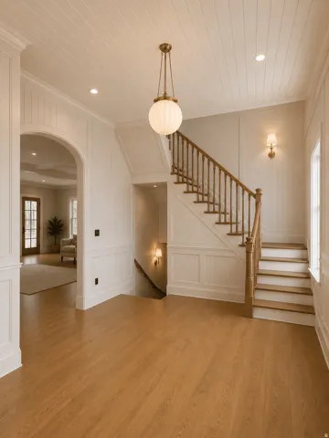 Rendering. Foyer featuring wood-finish flooring, a grand staircase with wood newel posts and balusters, wainscoting, and a spherical pendant light fixture