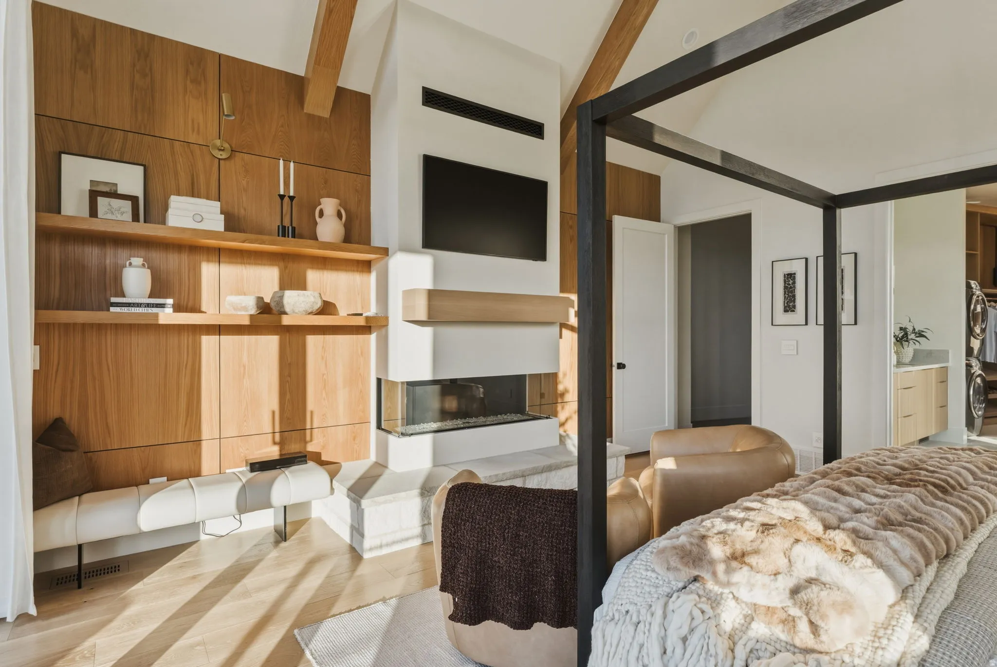 Vaulted ceiling with exposed wood beams