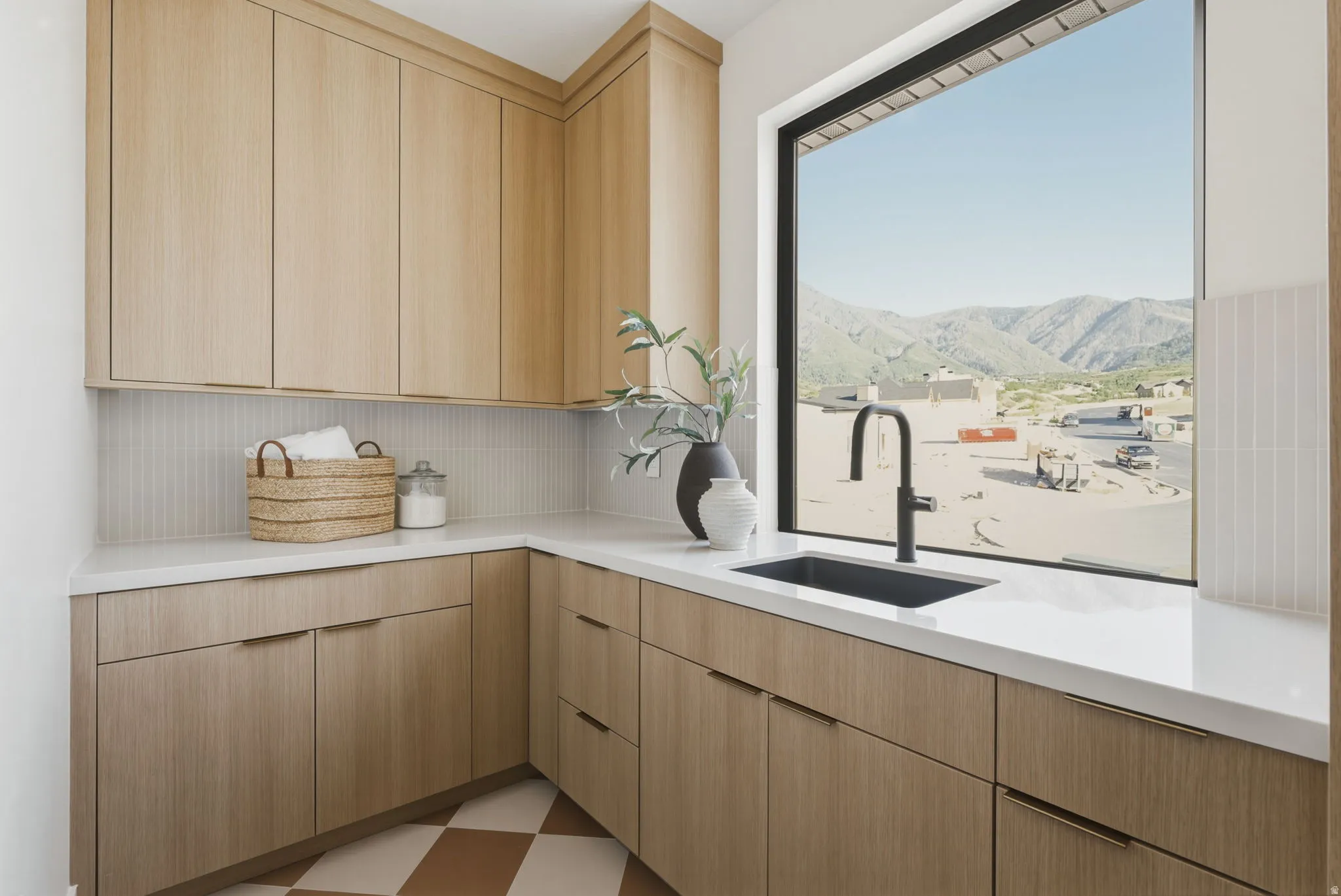 Expansive window with mountain scenery