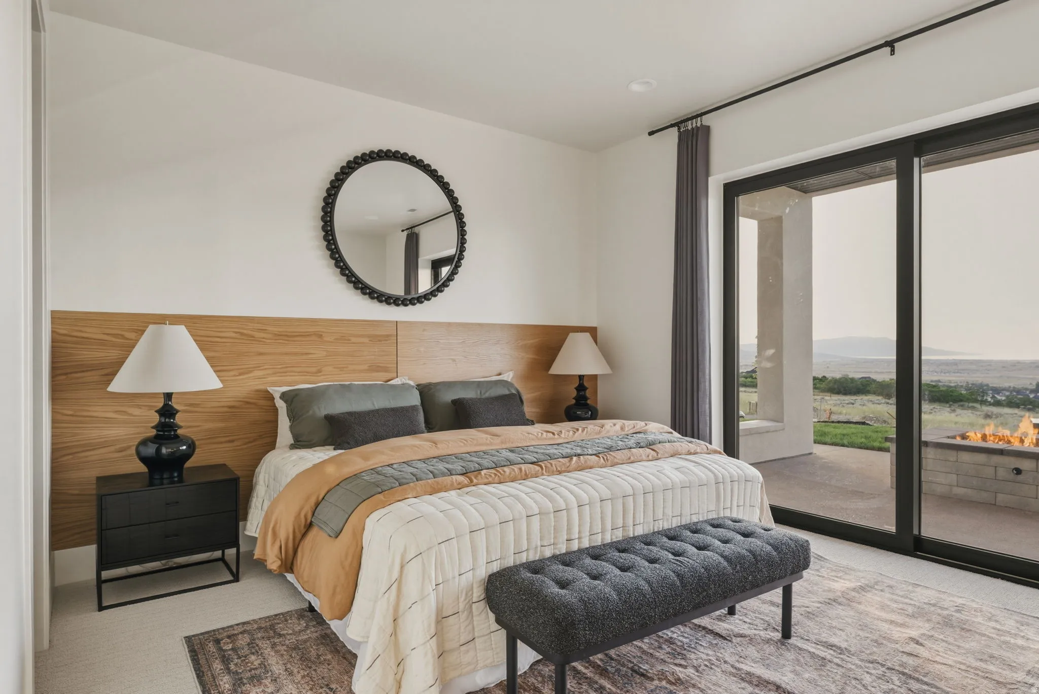 Ensuite Bedroom with custom wood headboard extending wall-to-wall
