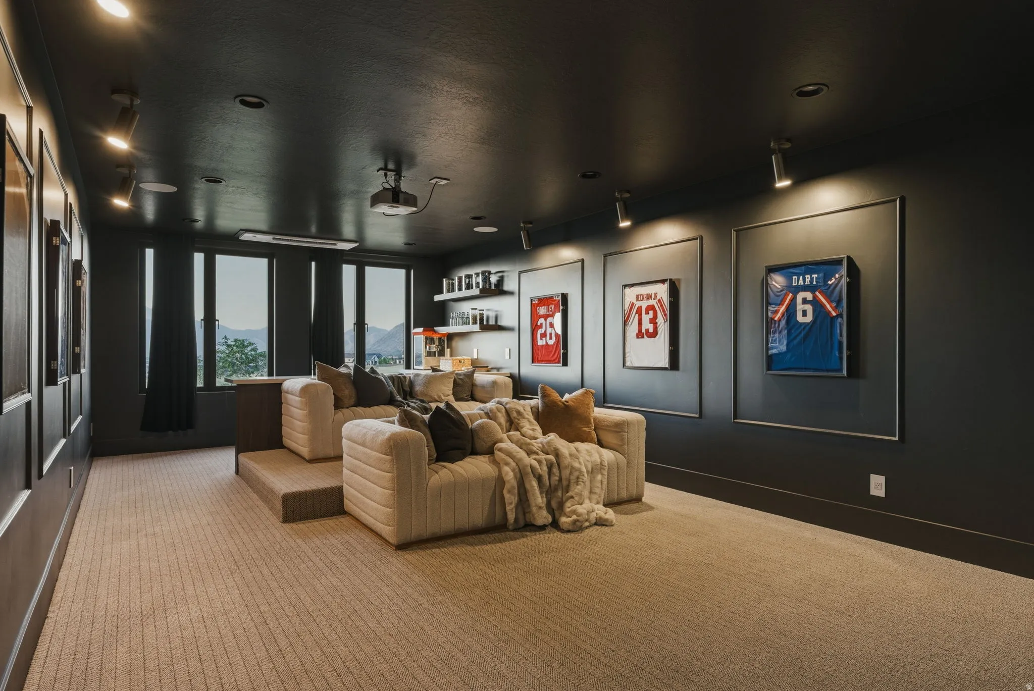 Dedicated media room with tiered seating