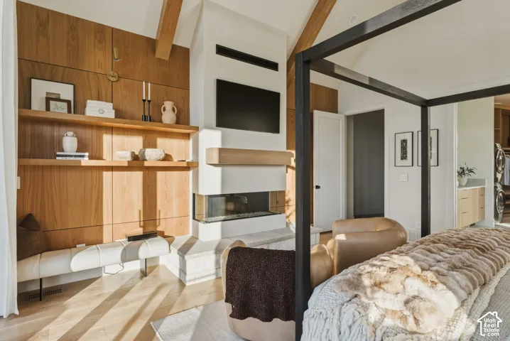 Vaulted ceiling with exposed wood beams