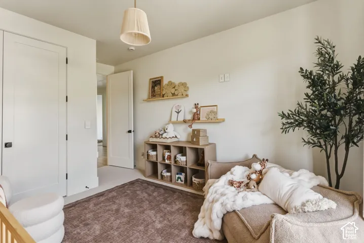 Neutral-toned room with light beige wall paint, two white paneled doors with black hardware, and an overhead pleated fabric pendant light fixture
