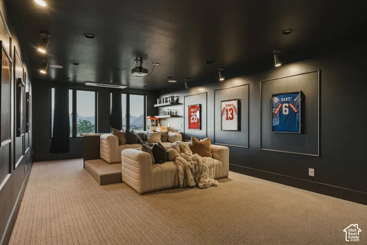 Dedicated media room with tiered seating