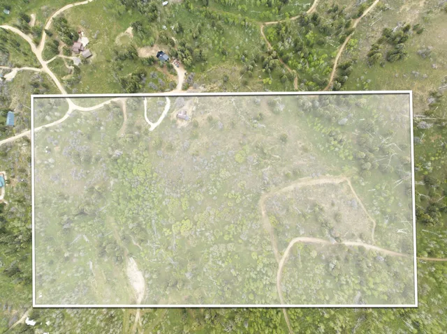 Expansive undeveloped land parcel outlined in white, featuring varied terrain and natural vegetation, including clusters of trees and open grassy areas