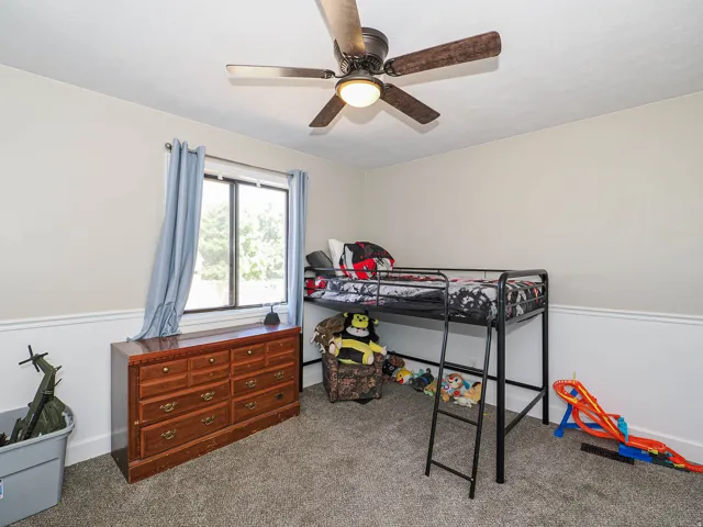 Room with carpet flooring and a ceiling fan