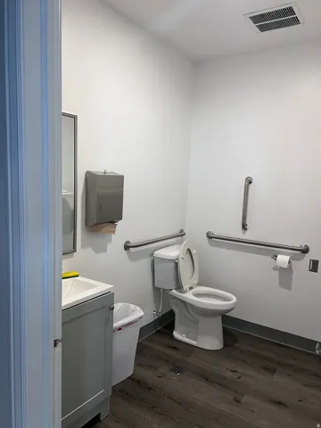 Restroom featuring a white toilet, grab bars, a vanity with a white sink, and wood-finish flooring