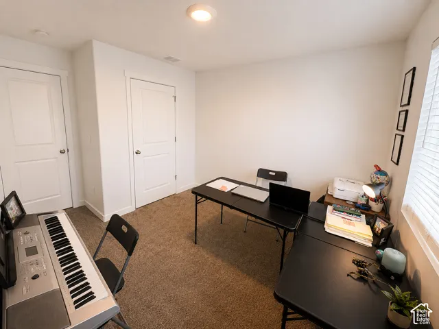 Carpeted room with white walls featuring two white doors with silver hardware