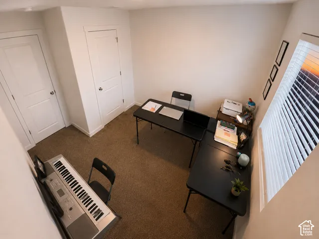 Neutral wall paint and brown carpet flooring define this room, featuring two white paneled doors and a window with white blinds