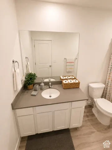 Bathroom vanity featuring a single-basin sink, light gray countertop, white cabinetry, and wood-finish flooring