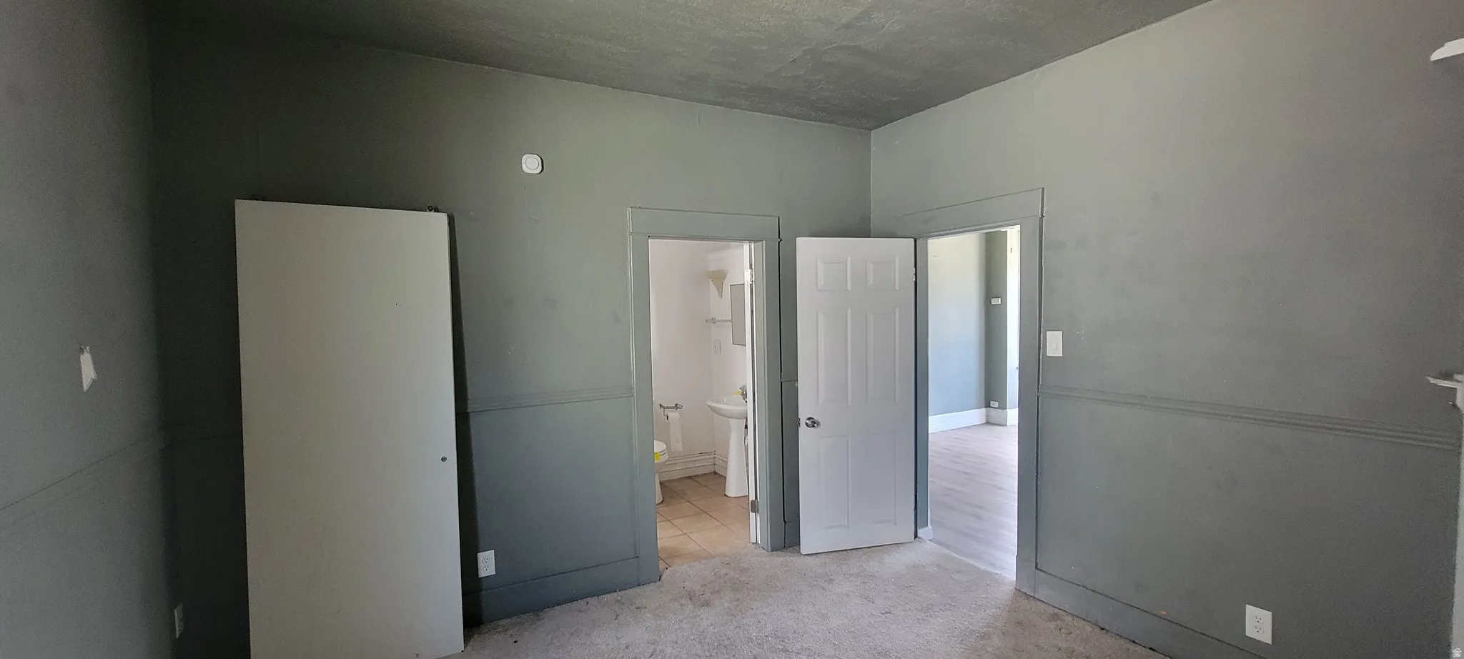 Interior space featuring gray walls with wainscoting, light-colored carpeting, multiple doorways, and a visible bathroom entrance with tiled flooring