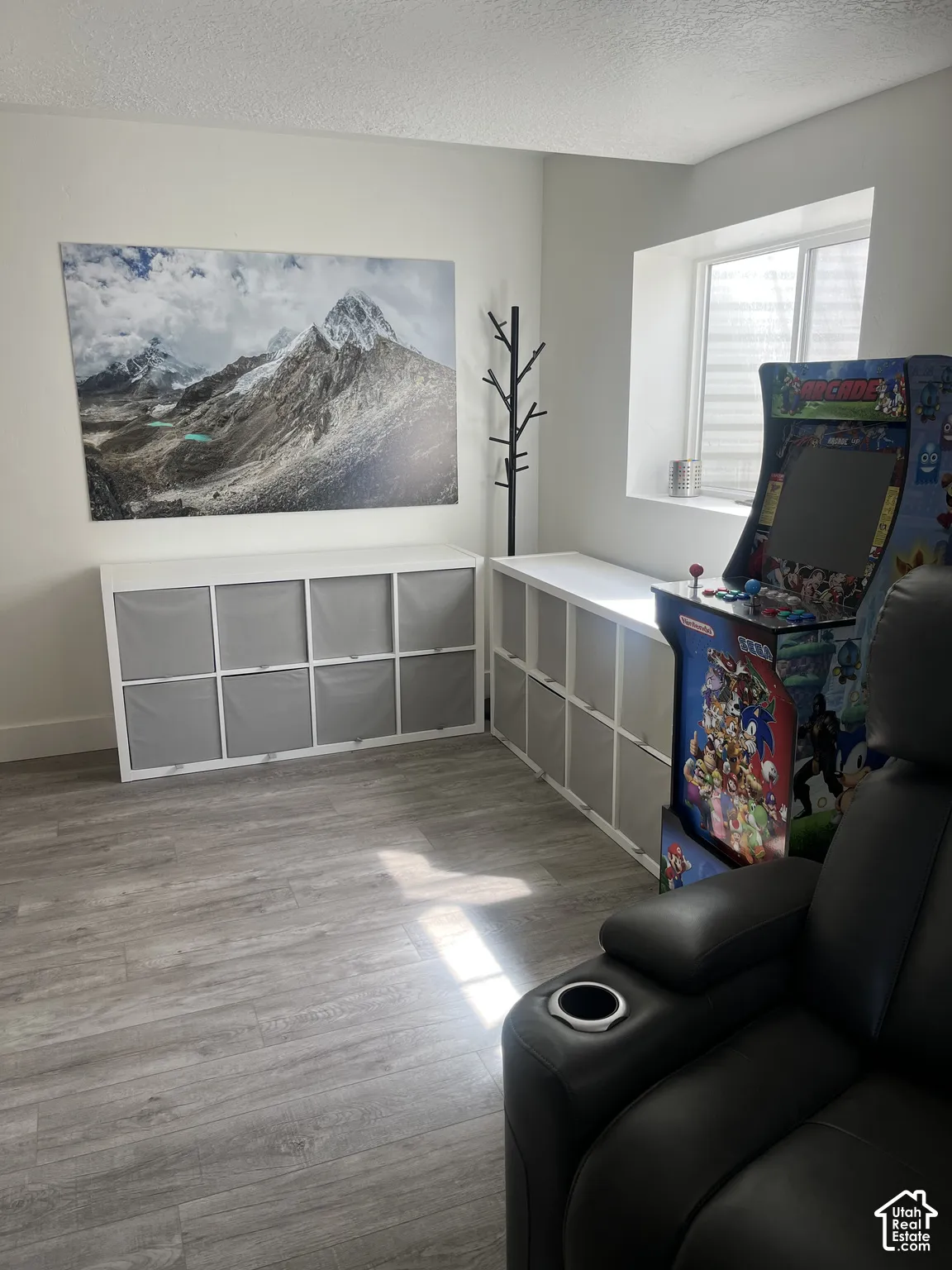 Light gray wood-finish flooring, built-in storage cubbies, and a window with blinds