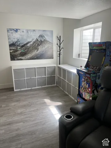 Light gray wood-finish flooring, built-in storage cubbies, and a window with blinds