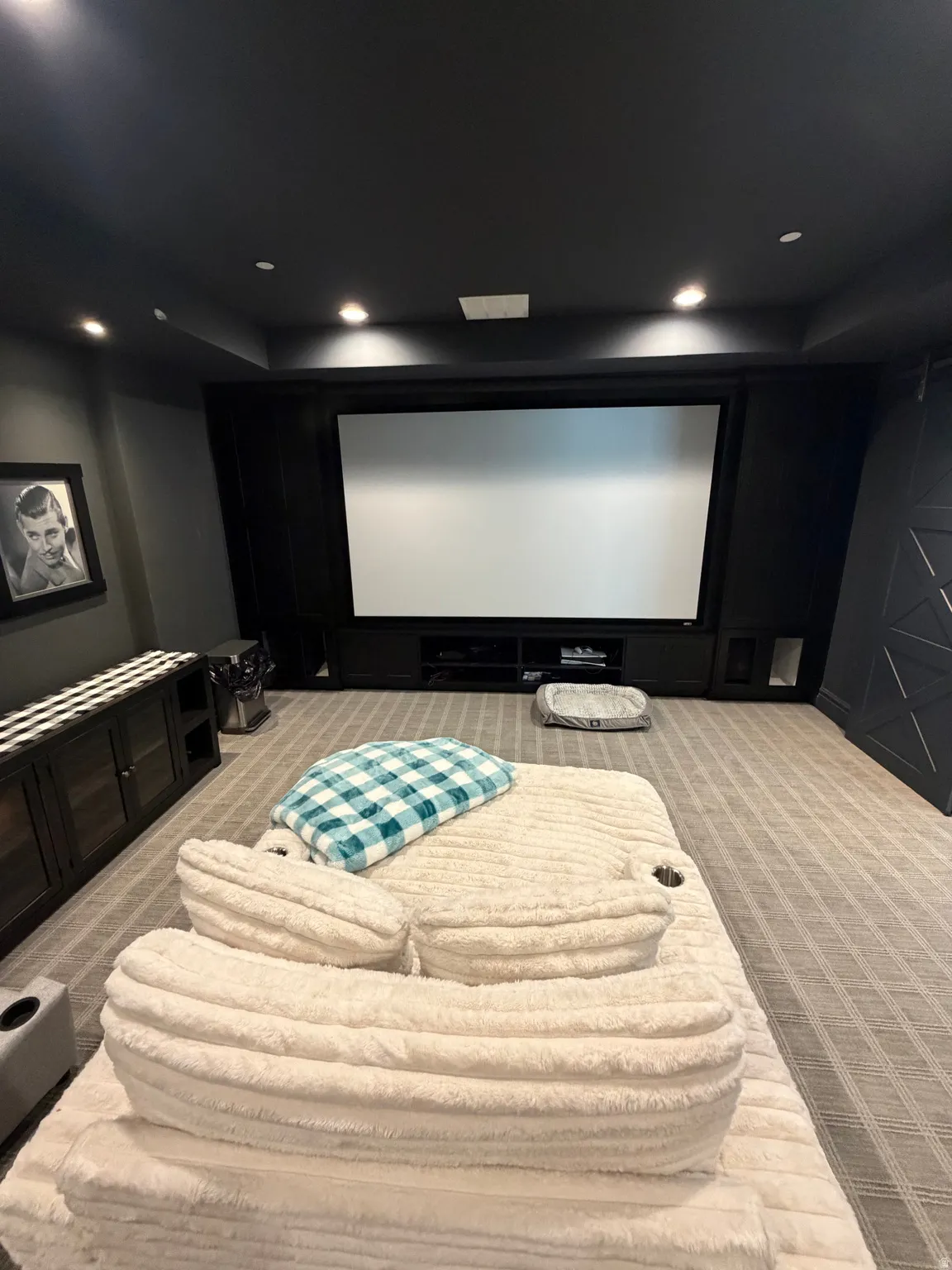 Dedicated media room featuring a large projection screen and integrated speaker system