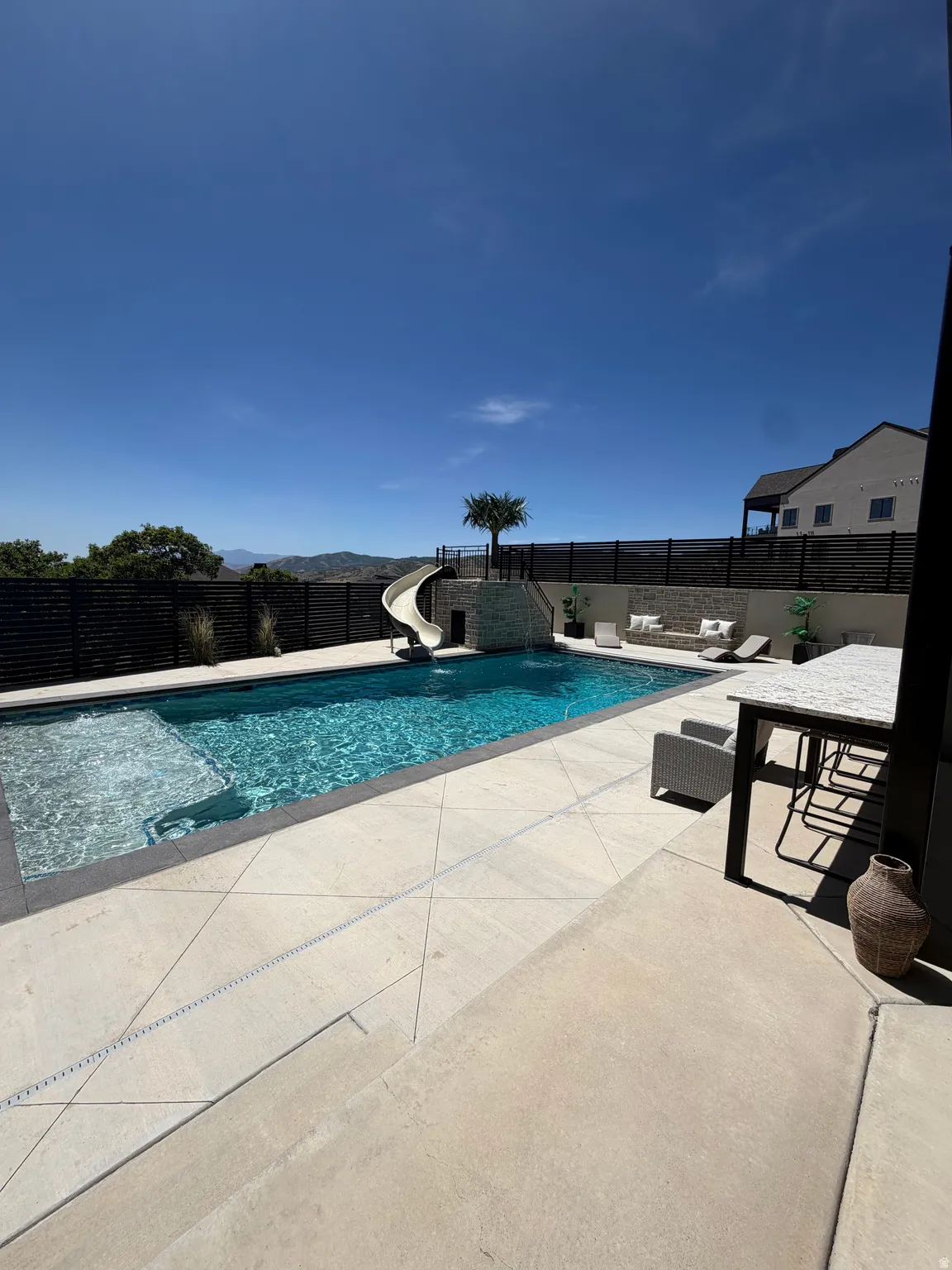 Expansive backyard featuring a custom swimming pool with integrated slide and water features
