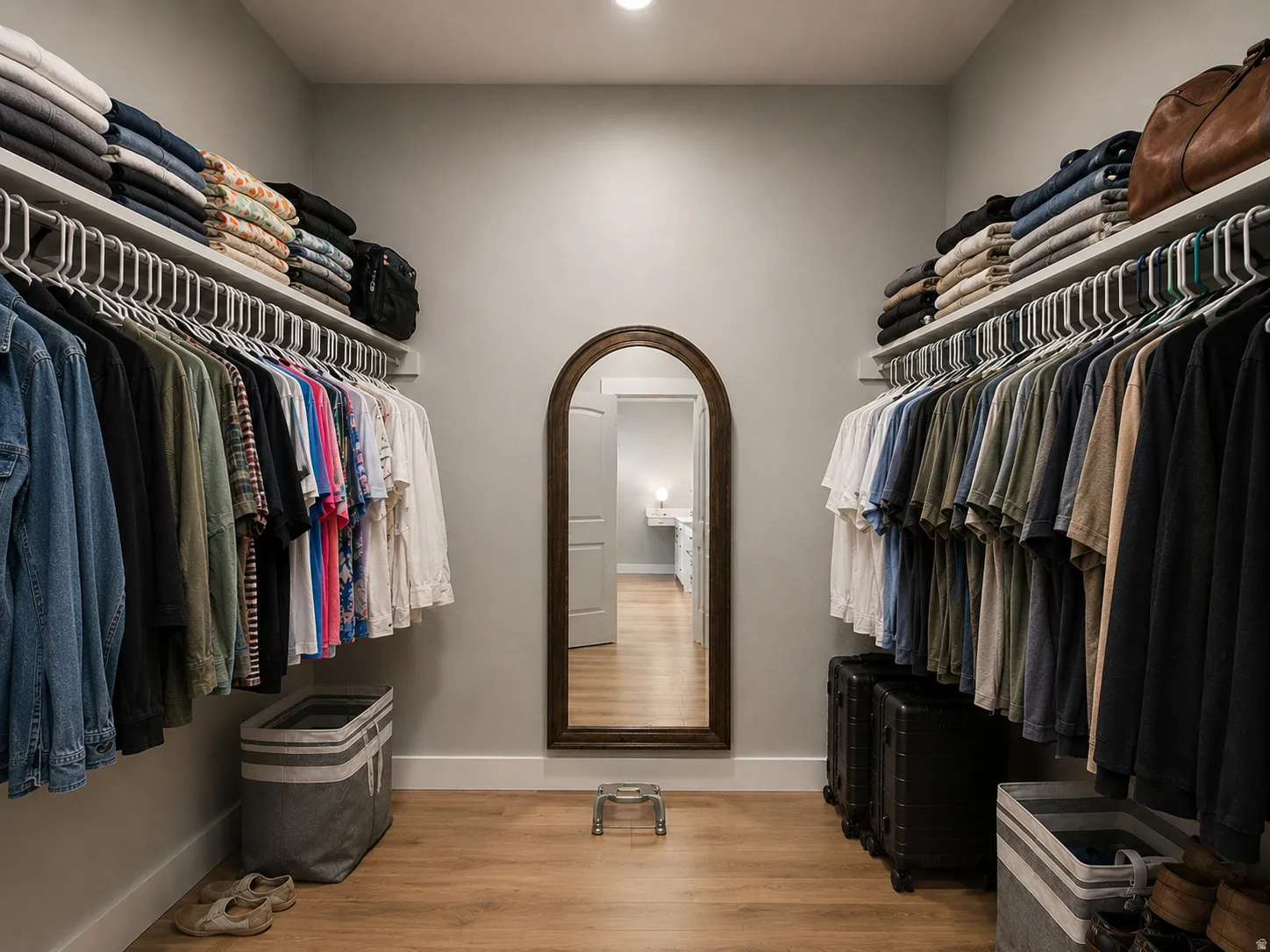 Walk-in closet featuring extensive shelving, hanging rods, wood-finish flooring, recessed lighting, and a full-length arched mirror
