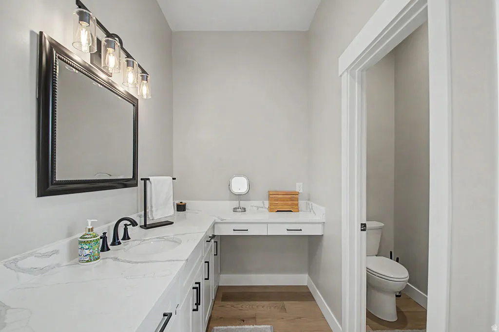 Bathroom vanity featuring an integrated sink, expansive countertop, and dedicated vanity space with pull-out drawers