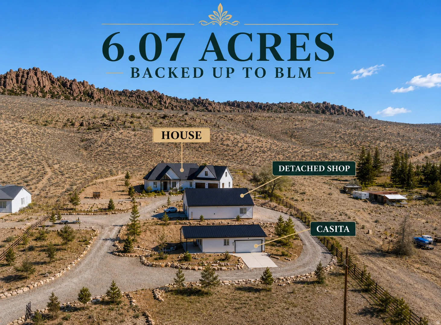 Expansive 6.07-acre property featuring a main house, detached shop, and a separate casita
