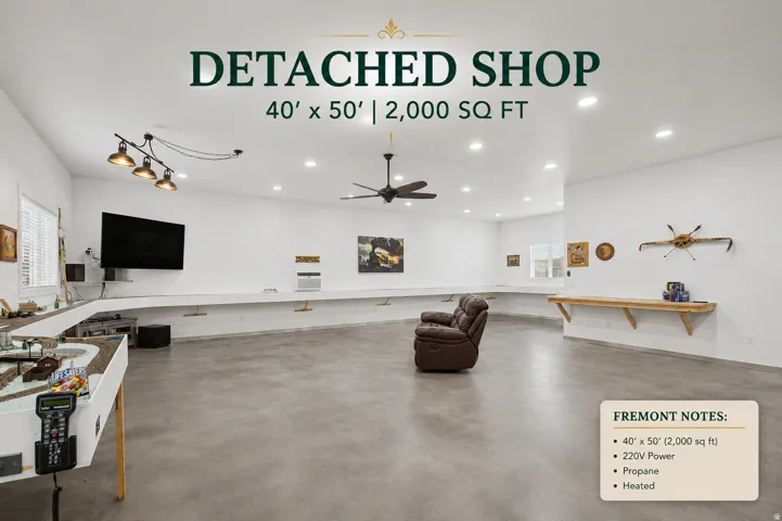 2,000 sq ft shop with  epoxy resin concrete flooring, recessed lighting, and a ceiling fan