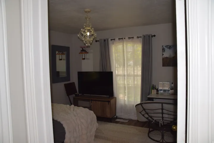 Interior room featuring a window with sheer and blackout curtains, wood-finish flooring, and a decorative ceiling light fixture
