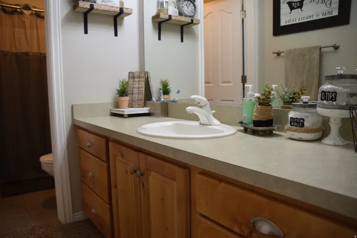 Bathroom vanity featuring light-toned countertop, undermount sink, and wood-finish cabinetry