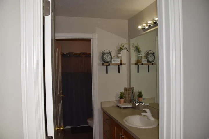 Bathroom featuring a single-sink vanity with wood-finish cabinetry and a light-toned countertop
