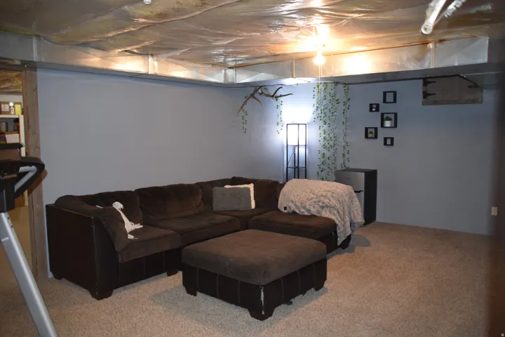 Carpeted finished space featuring light gray walls, exposed ceiling joists, and a partial wood-finish support column