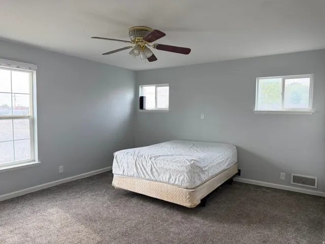 Spacious room with light gray walls, plush gray carpeting, and multiple windows