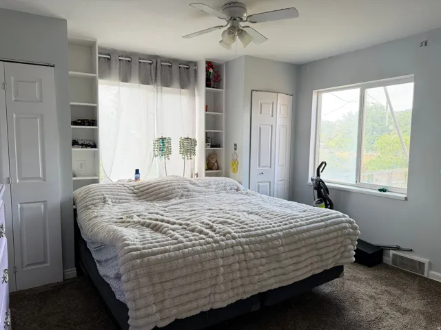 Bedroom featuring a ceiling fan, dual built-in shelving units, large windows offering natural light
