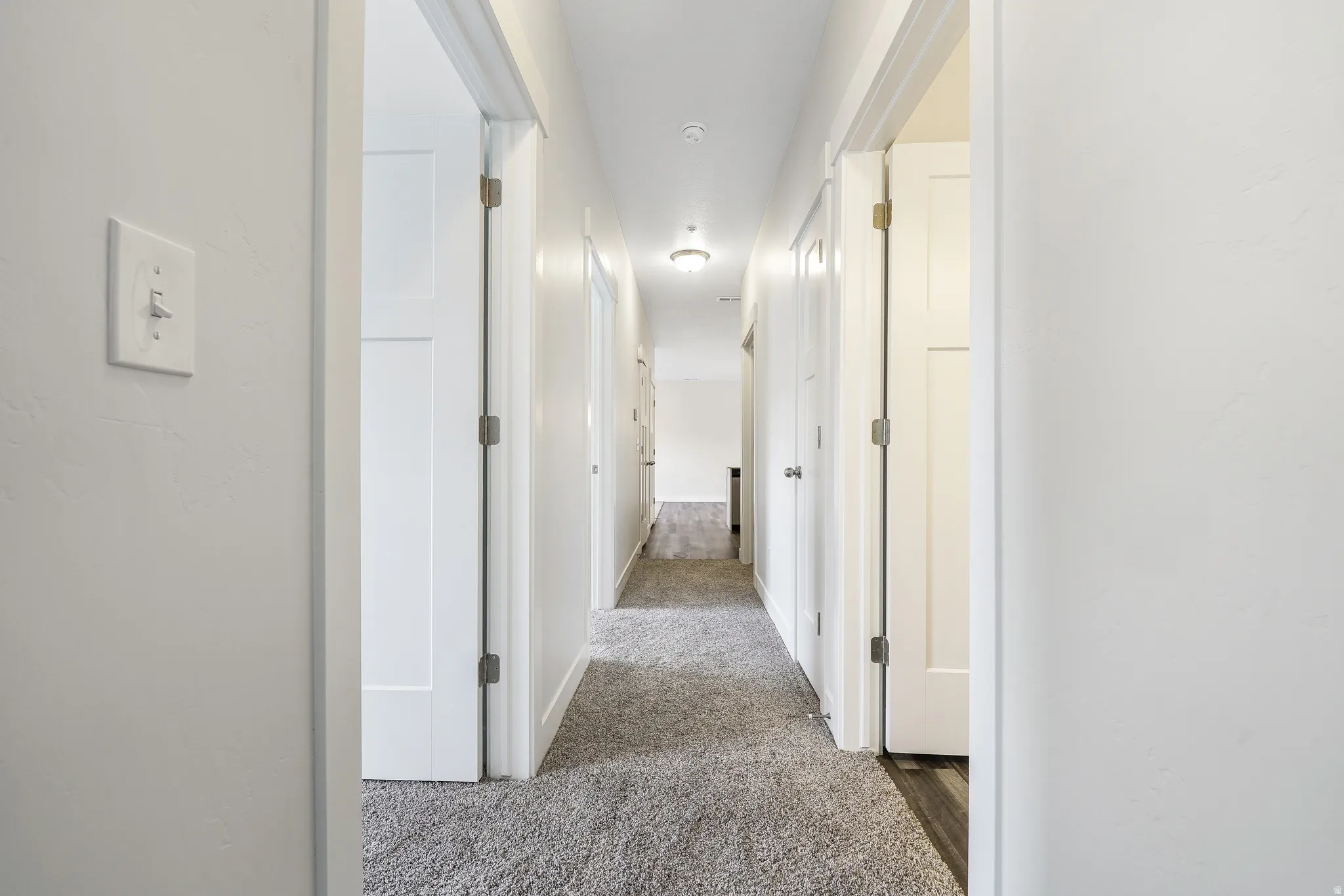 Central hallway featuring light gray carpet, white walls, and recessed lighting fixtures