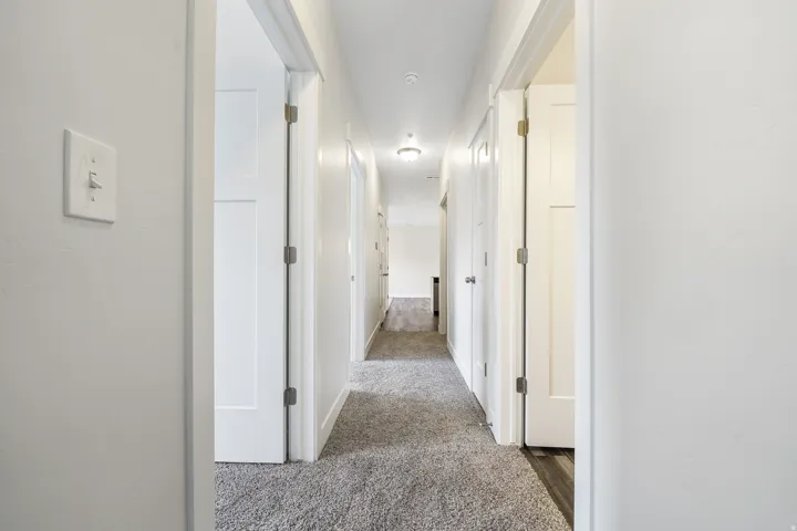 Central hallway featuring light gray carpet, white walls, and recessed lighting fixtures