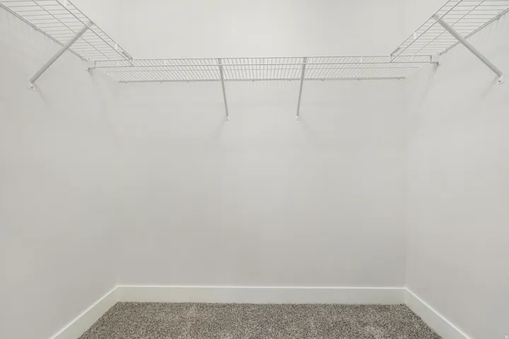 Walk-in closet featuring white wire shelving, white painted walls, white baseboards, and gray carpet flooring