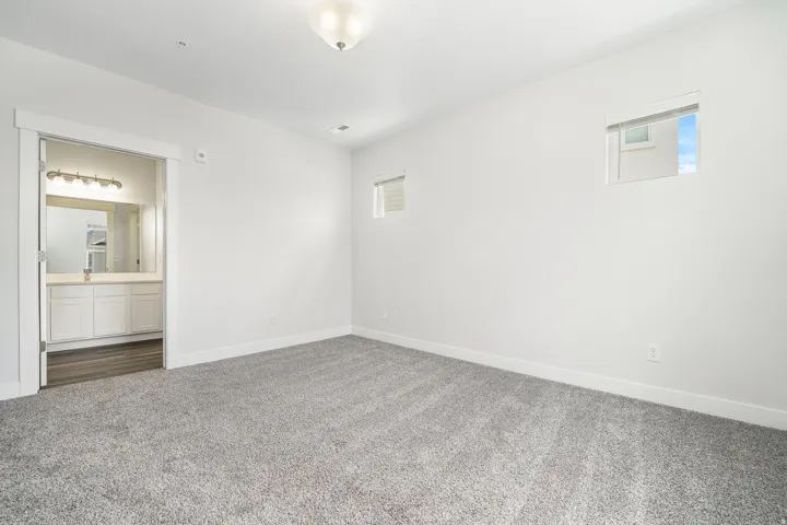 Carpeted room featuring a white ceiling, two windows, and a built-in light fixture