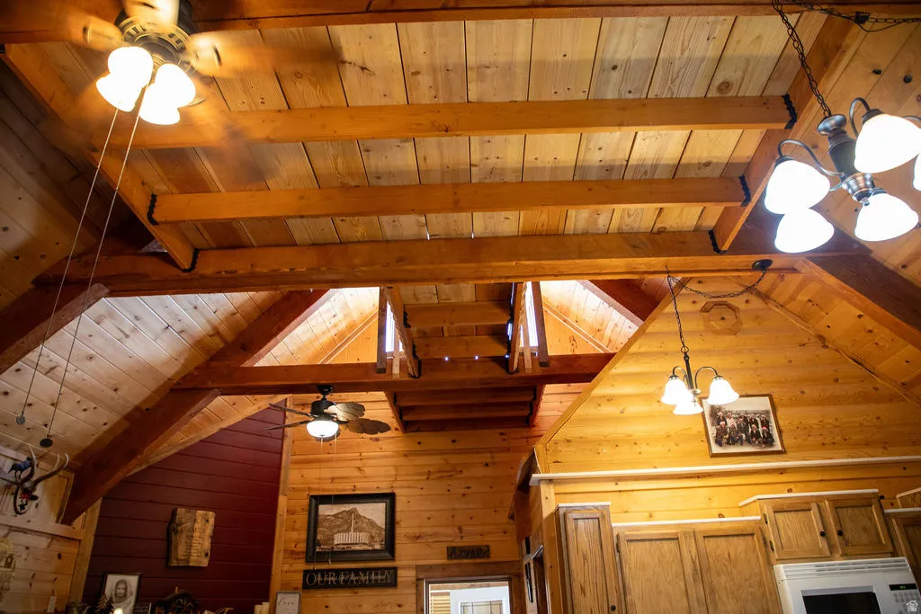 Exposed wood beams and vaulted wood-paneled ceilings