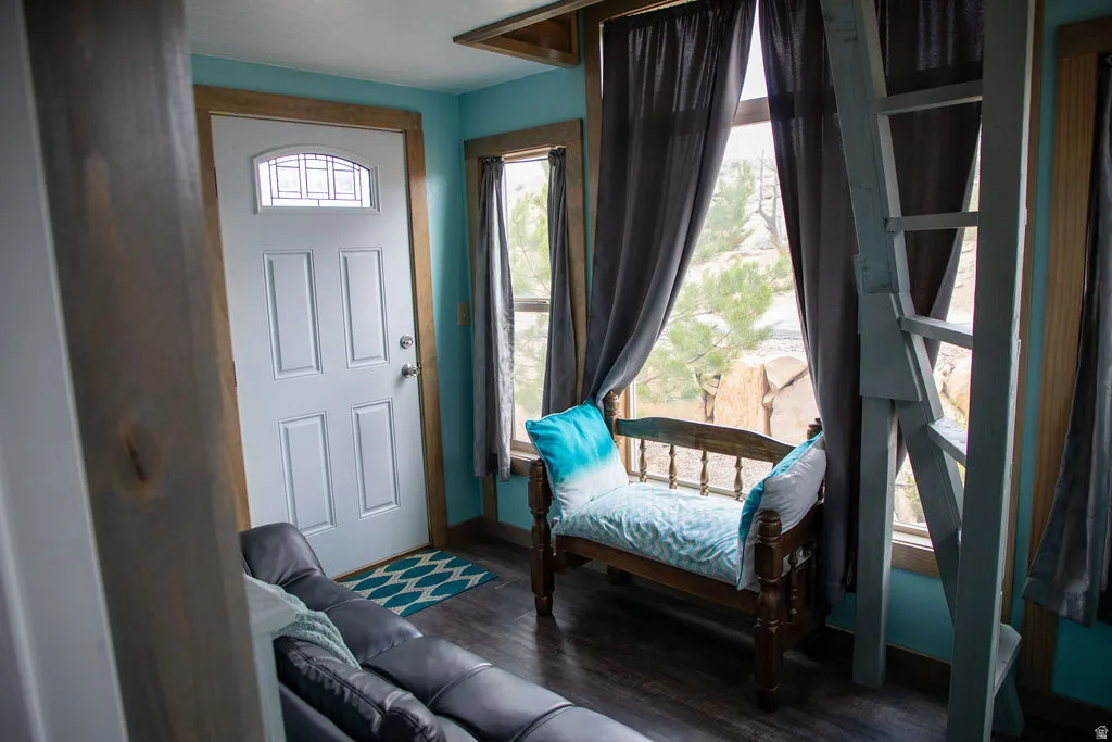 Entry area featuring a four-panel door with an arched transom window, wood-finish flooring, and light blue wall tones
