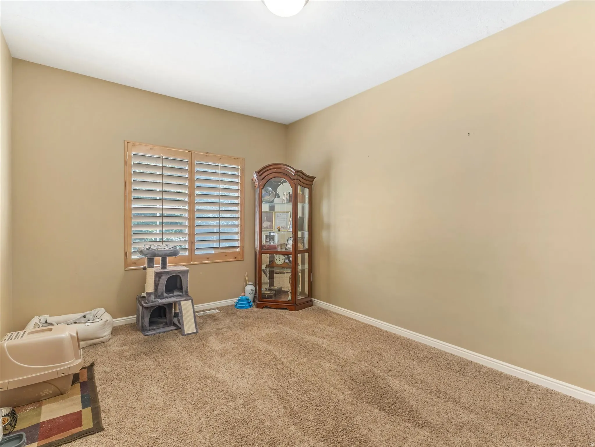 Room featuring neutral-toned carpeting, light beige walls, and white baseboards