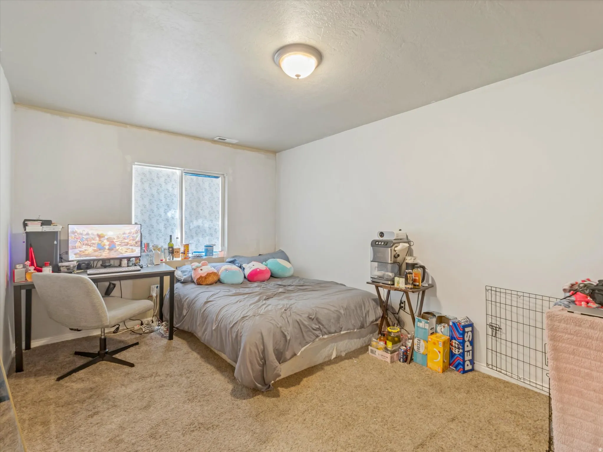 Carpeted room featuring a window with blinds, white walls, and a ceiling-mounted light fixture