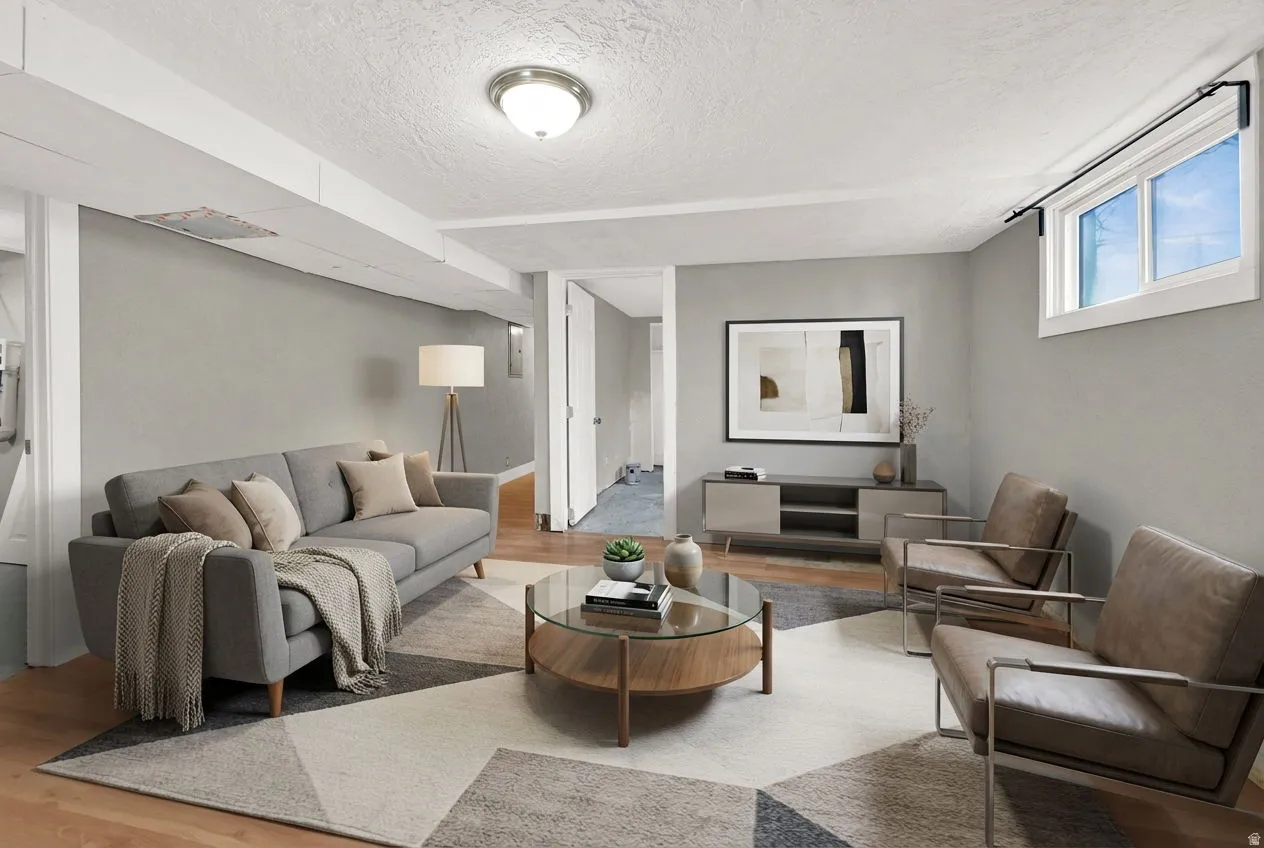 Spacious lower-level living area with light gray walls and wood-finish flooring