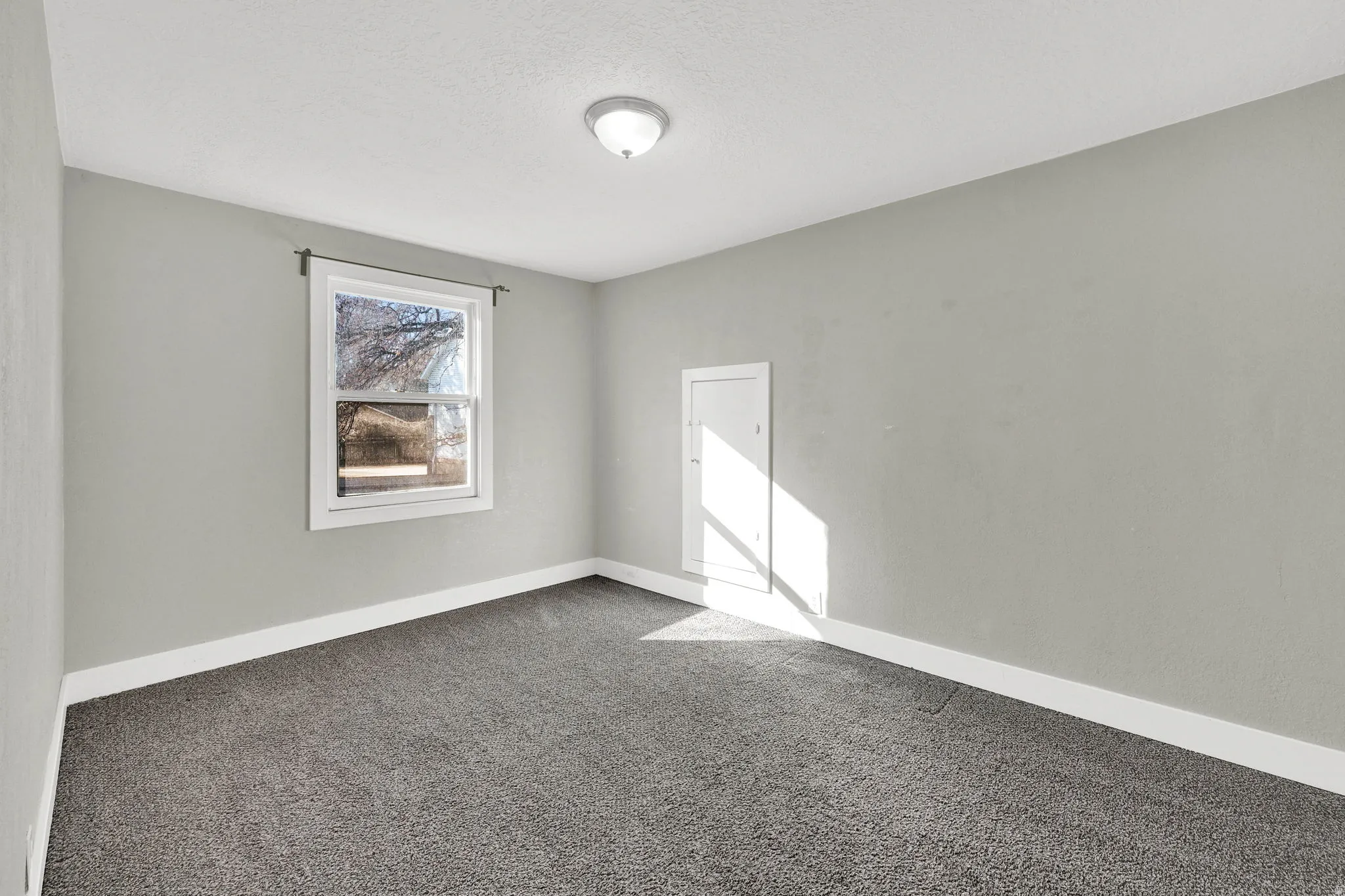 Bedroom featuring light grey walls, white trim, and grey carpet flooring