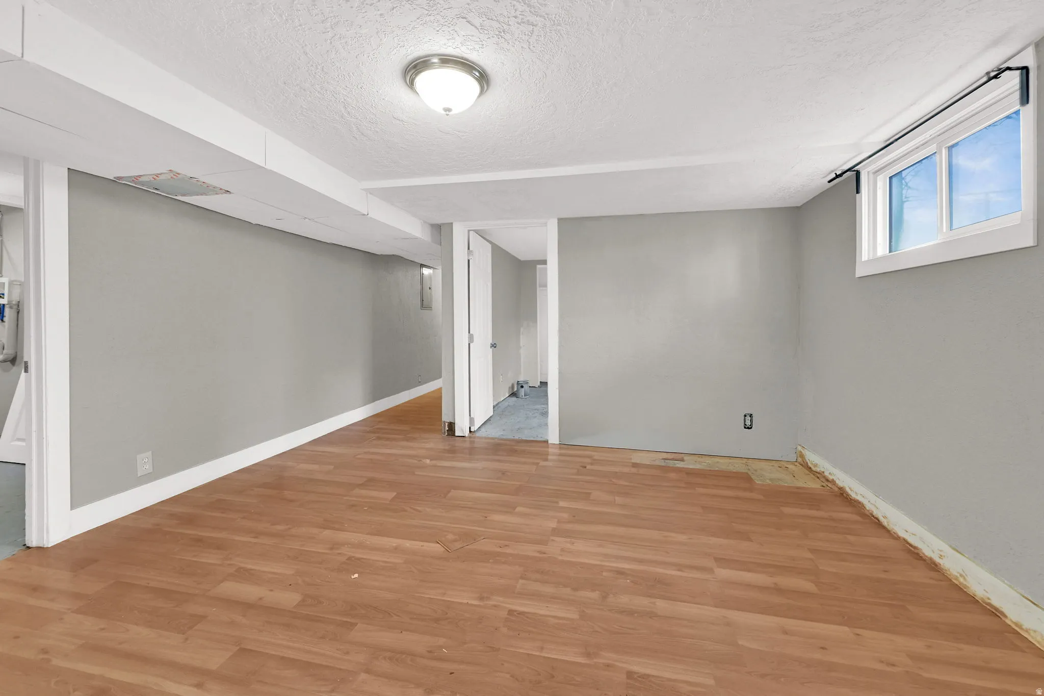 Spacious room featuring wood-finish flooring, light grey walls, white trim, and a ceiling-mounted light fixture