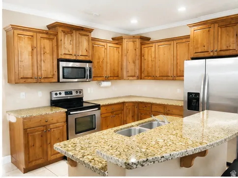 Full kitchen featuring wood cabinetry with crown molding, stainless steel appliances, speckled stone countertops, a large island with a double basin sink, and recessed lighting