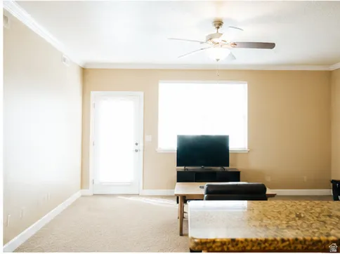 Living area with light-colored walls and crown molding