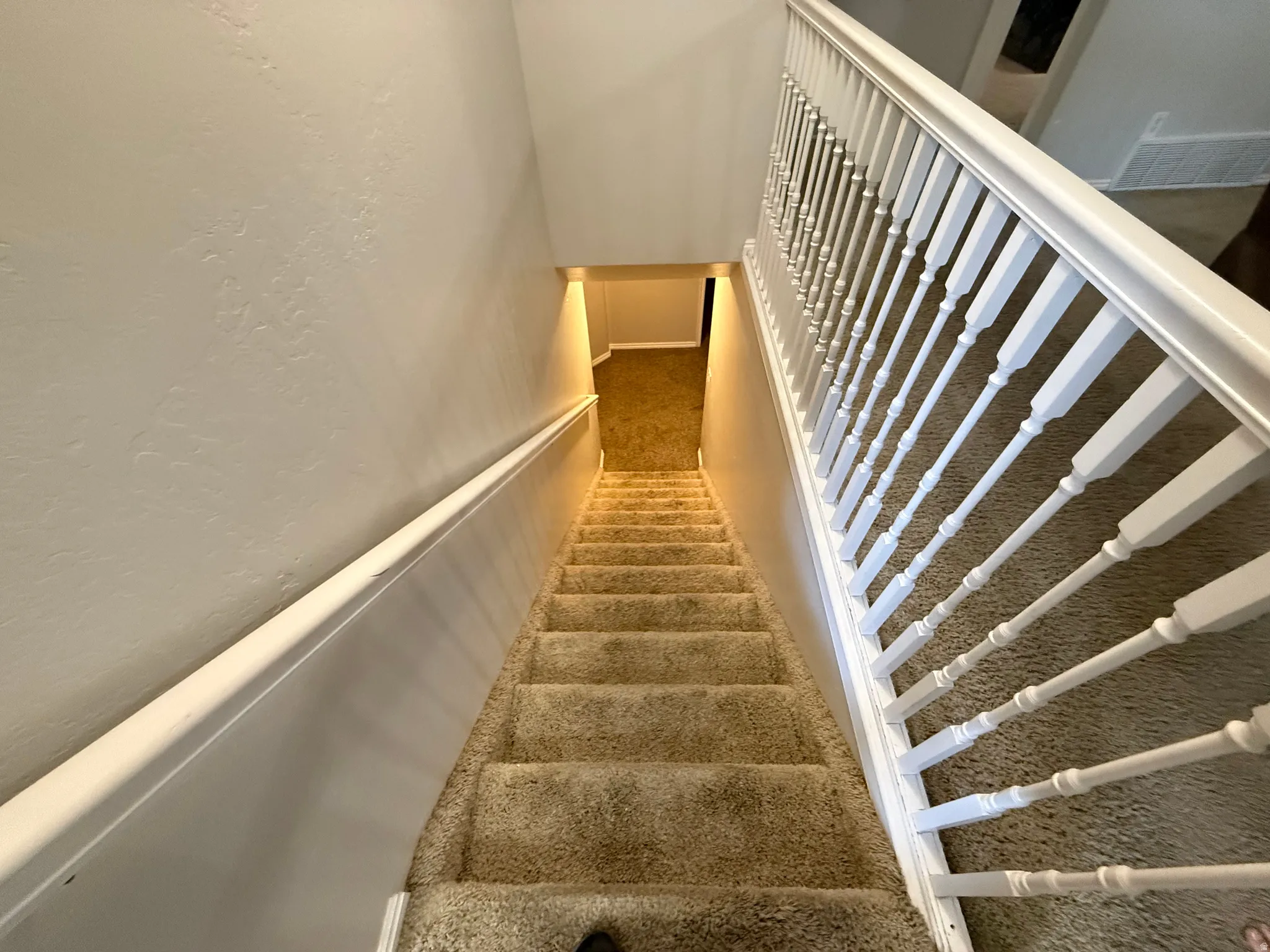 Staircase with plush carpeted treads and risers