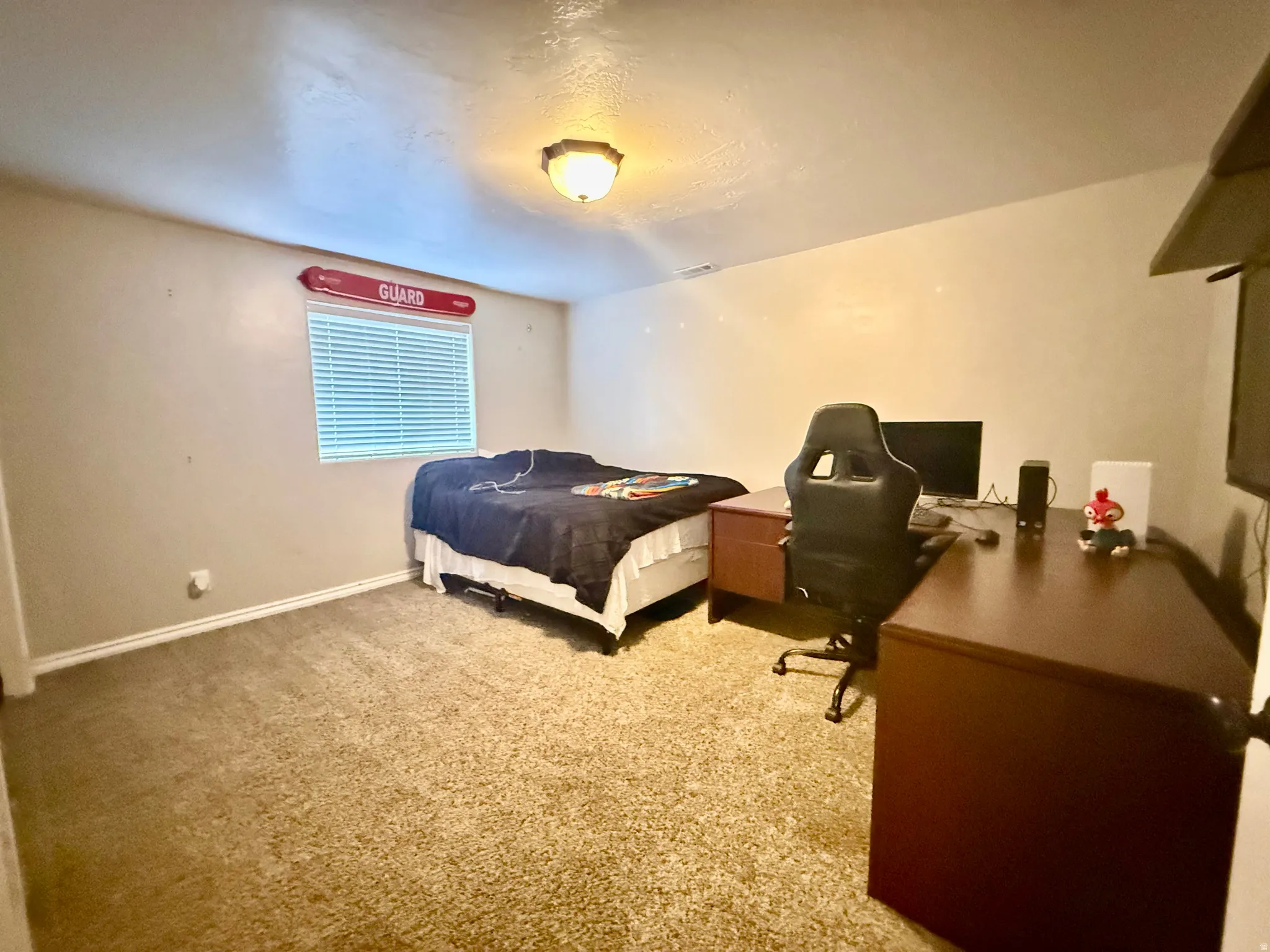 Carpeted room featuring a window with horizontal blinds, a ceiling-mounted light fixture, and neutral-toned walls