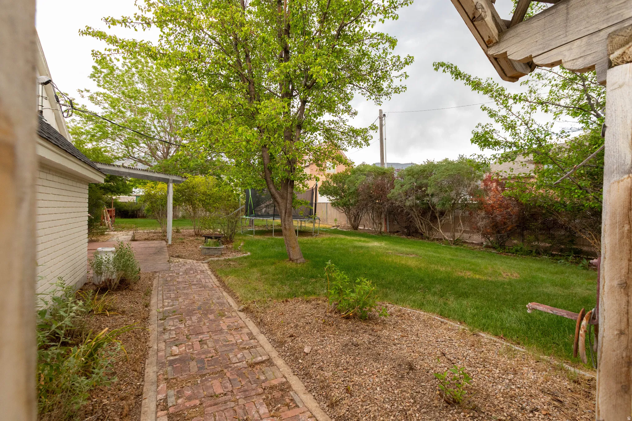 Expansive backyard featuring a brick pathway, mature trees, green lawn, and established shrubs