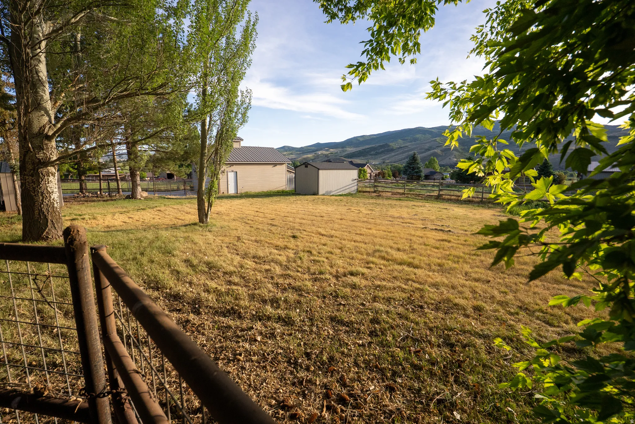 Expansive outdoor property featuring a rust-toned wire fence, mature trees, and a distant building with a dark-pitched roof