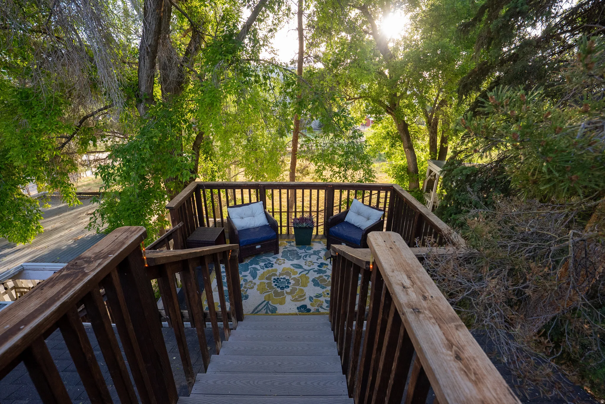 Elevated wood-finish deck with full railing and steps, surrounded by mature trees