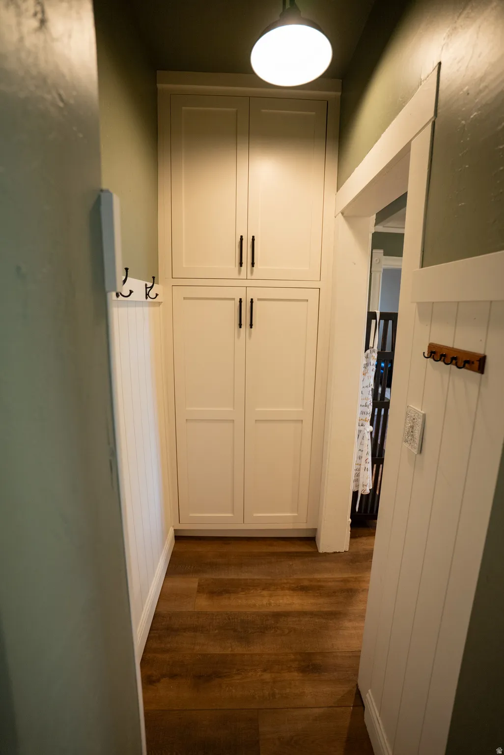 Built-in cabinetry with shaker-style doors, matte black hardware, and overhead lighting