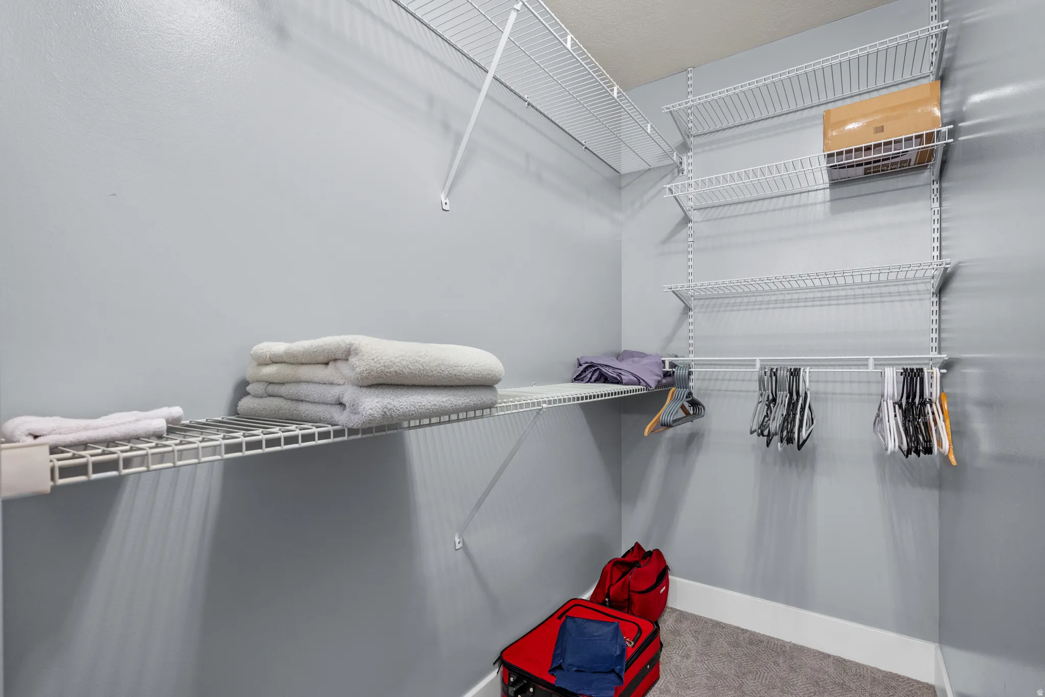 Walk-in closet featuring wire shelving, hanging rods, and grey wall color