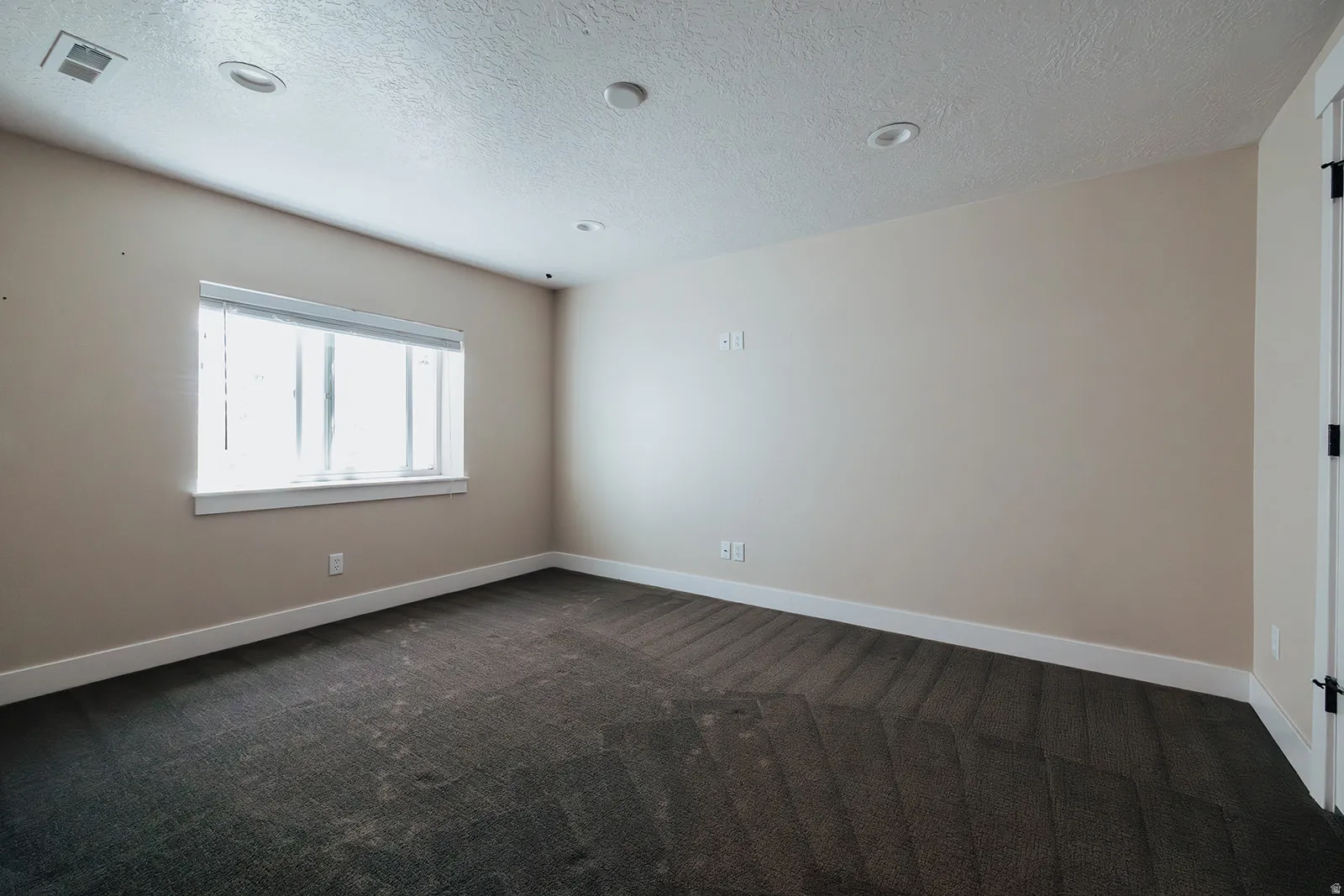 Neutral-toned walls complement the dark textured carpet